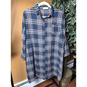 Sunny Navy Plaid Button-Up Long Oversized Shirt Dress W Pocket & 3/4 Sleeves